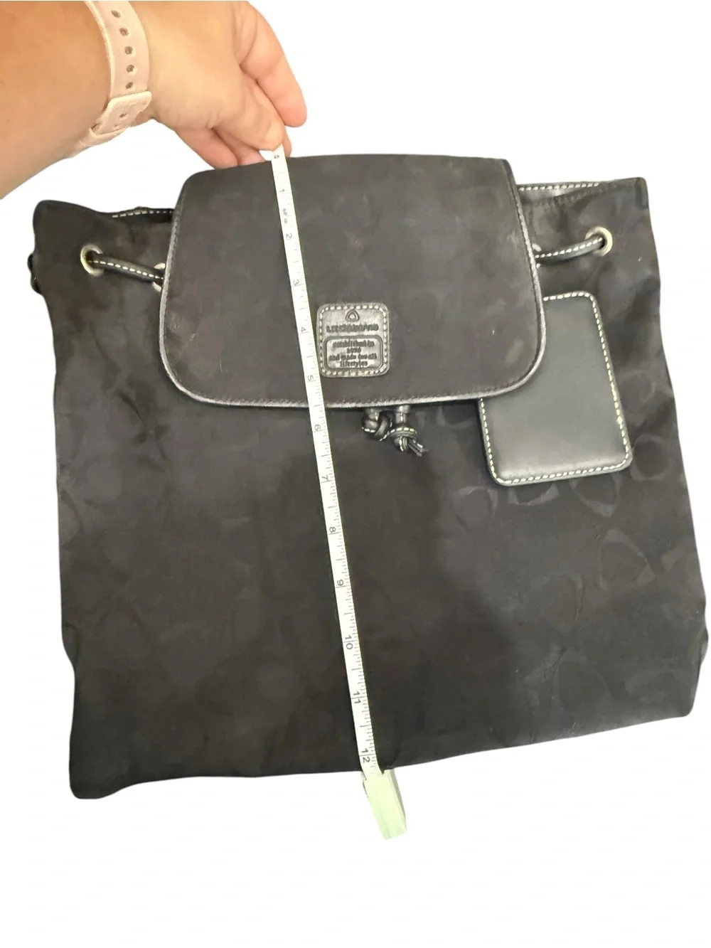 Liz Claiborne Black Logo-Pattern Drawstring Flap Backpack with ID Tag